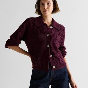 Australian Merino Wool Collared Cable Cardigan Burgundy Small
